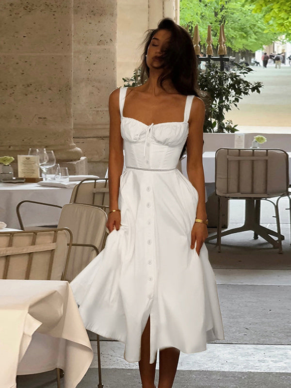 Cottagecore Midi Dress For Women - White Elegant Tie Front Sundress - Summer Garden Wedding Guest Wear 2026