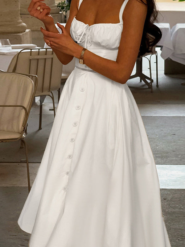 Cottagecore Midi Dress For Women - White Elegant Tie Front Sundress - Summer Garden Wedding Guest Wear 2026