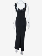 Cowl Neck Maxi Dress For Women - Black Elegant Lace Trim Bodycon Long Dress - Spring Evening Party Cocktail Wear 2026