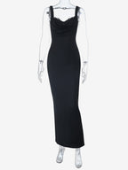 Cowl Neck Maxi Dress For Women - Black Elegant Lace Trim Bodycon Long Dress - Spring Evening Party Cocktail Wear 2026