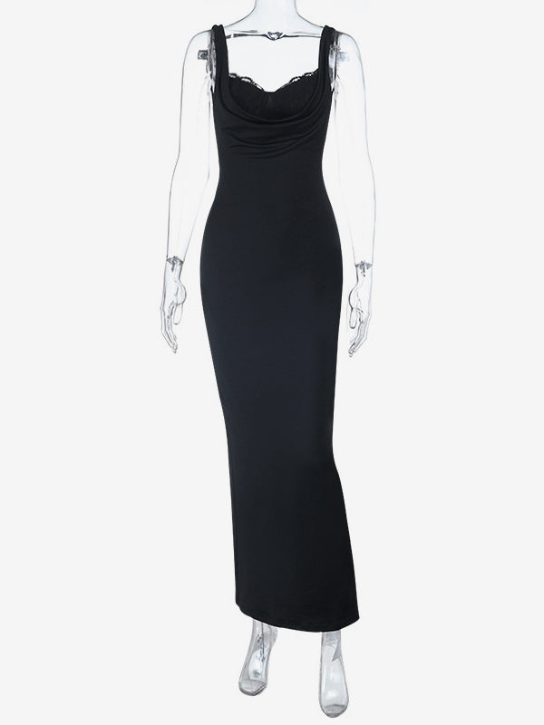 Cowl Neck Maxi Dress For Women - Black Elegant Lace Trim Bodycon Long Dress - Spring Evening Party Cocktail Wear 2026