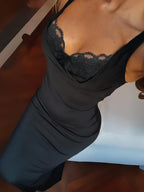 Cowl Neck Maxi Dress For Women - Black Elegant Lace Trim Bodycon Long Dress - Spring Evening Party Cocktail Wear 2026