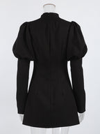 Puff Sleeve Mini Dress For Women Chic Retro Outfit - Black Elegant Stand Collar Slim Fit Bodycon - Spring Desk-to-dinner 2026