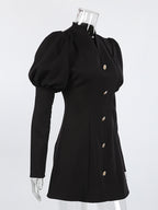 Puff Sleeve Mini Dress For Women Chic Retro Outfit - Black Elegant Stand Collar Slim Fit Bodycon - Spring Desk-to-dinner 2026