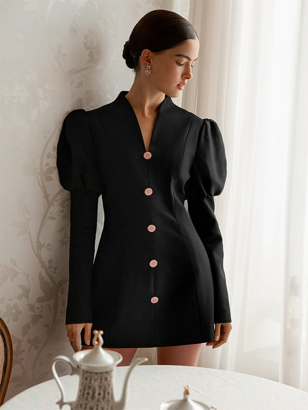 Puff Sleeve Mini Dress For Women Chic Retro Outfit - Black Elegant Stand Collar Slim Fit Bodycon - Spring Desk-to-dinner 2026