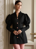 Puff Sleeve Mini Dress For Women Chic Retro Outfit - Black Elegant Stand Collar Slim Fit Bodycon - Spring Desk-to-dinner 2026