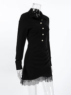 Ruched Shirt Dress Women's Chic Mini Dress - Black Lace Hem Long Sleeve Bodycon - Spring Desk-to-dinner 2026
