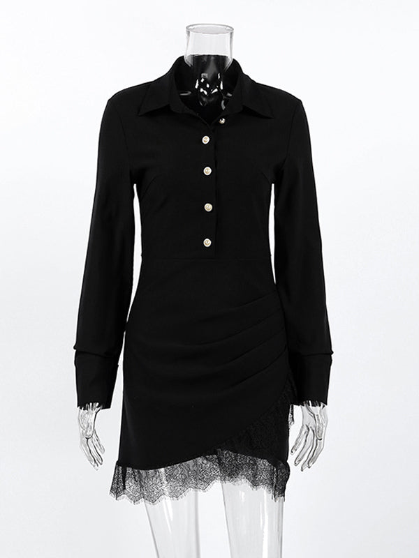 Ruched Shirt Dress Women's Chic Mini Dress - Black Lace Hem Long Sleeve Bodycon - Spring Desk-to-dinner 2026
