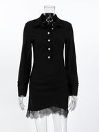 Ruched Shirt Dress Women's Chic Mini Dress - Black Lace Hem Long Sleeve Bodycon - Spring Desk-to-dinner 2026