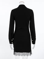 Ruched Shirt Dress Women's Chic Mini Dress - Black Lace Hem Long Sleeve Bodycon - Spring Desk-to-dinner 2026