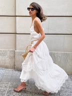 Boho Tiered Maxi Dress For Women - White Lace Patchwork Square Neck Chic Sundress - Summer Beach Vacation 2026