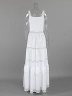 Boho Tiered Maxi Dress For Women - White Lace Patchwork Square Neck Chic Sundress - Summer Beach Vacation 2026