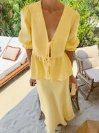 Peplum Top Maxi Skirt Set Women Elegant Two Piece Outfit - Yellow French Tie Front Puff Sleeve - Summer Beach Vacation 2026
