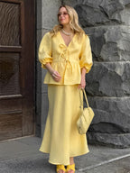 Peplum Top Maxi Skirt Set Women Elegant Two Piece Outfit - Yellow French Tie Front Puff Sleeve - Summer Beach Vacation 2026