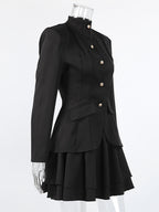 Military Blazer Skirt Set For Women Chic Two Piece Outfit - Black Vintage Stand Collar Slim Fit - Spring Party Wear 2026