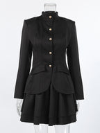 Military Blazer Skirt Set For Women Chic Two Piece Outfit - Black Vintage Stand Collar Slim Fit - Spring Party Wear 2026