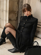 Military Blazer Skirt Set For Women Chic Two Piece Outfit - Black Vintage Stand Collar Slim Fit - Spring Party Wear 2026