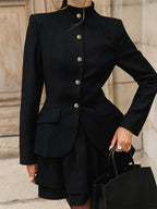 Military Blazer Skirt Set For Women Chic Two Piece Outfit - Black Vintage Stand Collar Slim Fit - Spring Party Wear 2026