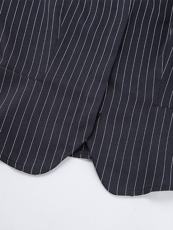 Pinstripe Blazer Dress Set Women's Skirt Suit - Navy Blue Chic Scarf Neck Slim Fit - 2026 Spring Business Party
