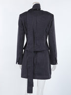 Pinstripe Blazer Dress Set Women's Skirt Suit - Navy Blue Chic Scarf Neck Slim Fit - 2026 Spring Business Party
