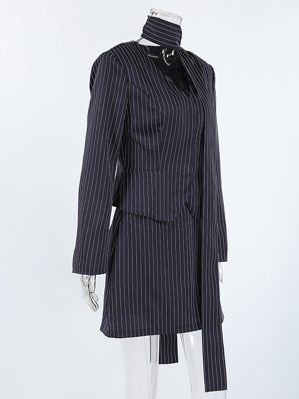 Pinstripe Blazer Dress Set Women's Skirt Suit - Navy Blue Chic Scarf Neck Slim Fit - 2026 Spring Business Party