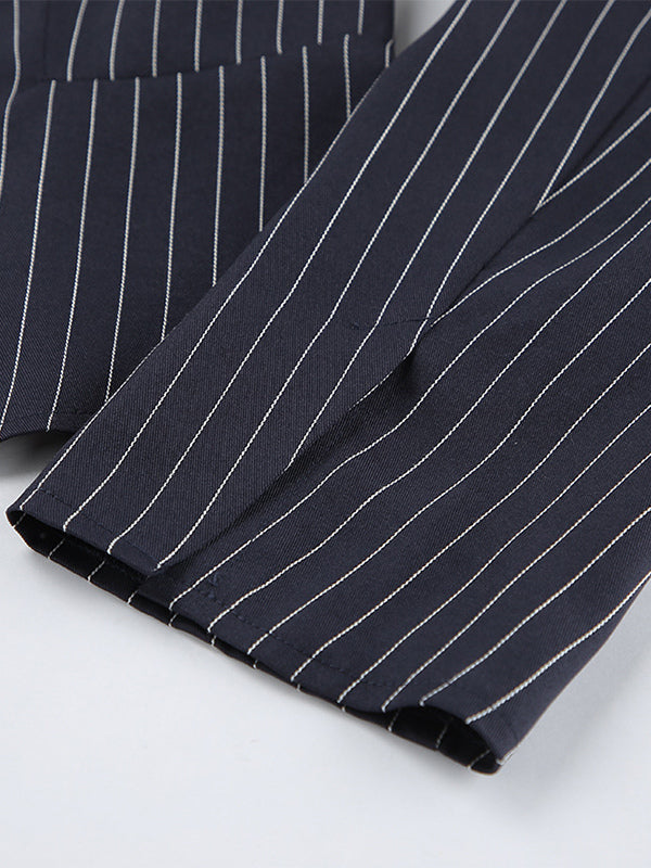 Pinstripe Blazer Dress Set Women's Skirt Suit - Navy Blue Chic Scarf Neck Slim Fit - 2026 Spring Business Party