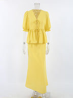 Peplum Top Maxi Skirt Set Women Elegant Two Piece Outfit - Yellow French Tie Front Puff Sleeve - Summer Beach Vacation 2026