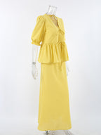 Peplum Top Maxi Skirt Set Women Elegant Two Piece Outfit - Yellow French Tie Front Puff Sleeve - Summer Beach Vacation 2026