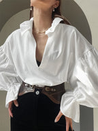 100% Cotton Blouse Women's Chic Boho Top - White Ruffle Neck Lantern Sleeve V Neck - Beach Vacation 2026