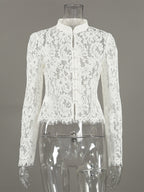 Floral Lace Blouse Women's Elegant Button Up Top - White Stand Collar Slim Fit - Spring Night Party Wear 2026