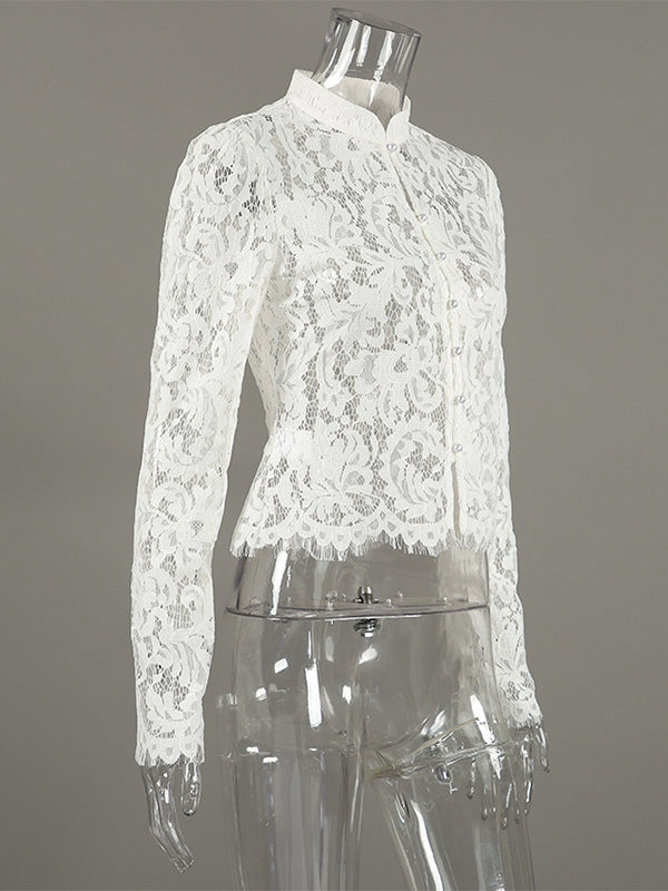 Floral Lace Blouse Women's Elegant Button Up Top - White Stand Collar Slim Fit - Spring Night Party Wear 2026