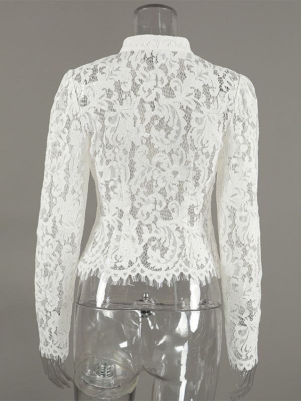Floral Lace Blouse Women's Elegant Button Up Top - White Stand Collar Slim Fit - Spring Night Party Wear 2026