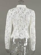Floral Lace Blouse Women's Elegant Button Up Top - White Stand Collar Slim Fit - Spring Night Party Wear 2026