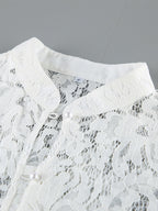 Floral Lace Blouse Women's Elegant Button Up Top - White Stand Collar Slim Fit - Spring Night Party Wear 2026
