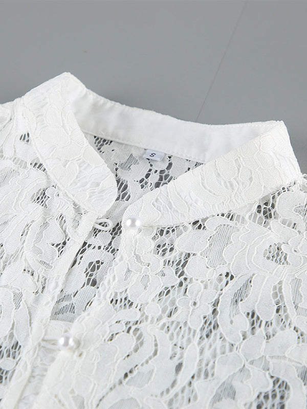 Floral Lace Blouse Women's Elegant Button Up Top - White Stand Collar Slim Fit - Spring Night Party Wear 2026