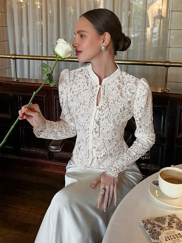 Floral Lace Blouse Women's Elegant Button Up Top - White Stand Collar Slim Fit - Spring Night Party Wear 2026