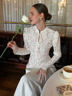Floral Lace Blouse Women's Elegant Button Up Top - White Stand Collar Slim Fit - Spring Night Party Wear 2026