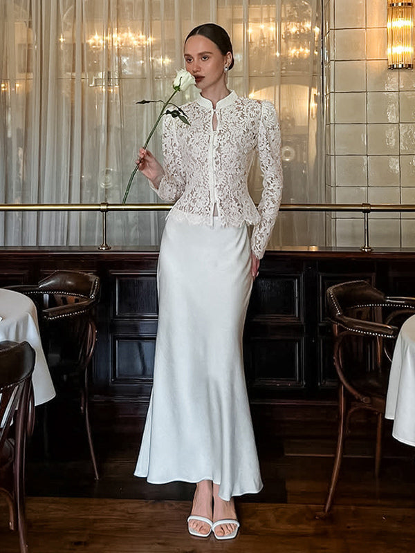 Floral Lace Blouse Women's Elegant Button Up Top - White Stand Collar Slim Fit - Spring Night Party Wear 2026