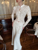 Floral Lace Blouse Women's Elegant Button Up Top - White Stand Collar Slim Fit - Spring Night Party Wear 2026