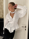 Peplum Blouse Women's Elegant White Top - Halter V Neck Lantern Sleeve Slim Fit - Spring Desk-to-Dinner 2026