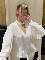 Peplum Blouse Women's Elegant White Top - Halter V Neck Lantern Sleeve Slim Fit - Spring Desk-to-Dinner 2026