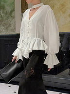 Peplum Blouse Women's Elegant White Top - Halter V Neck Lantern Sleeve Slim Fit - Spring Desk-to-Dinner 2026
