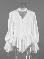Peplum Blouse Women's Elegant White Top - Halter V Neck Lantern Sleeve Slim Fit - Spring Desk-to-Dinner 2026