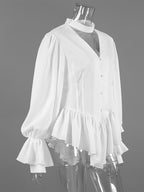 Peplum Blouse Women's Elegant White Top - Halter V Neck Lantern Sleeve Slim Fit - Spring Desk-to-Dinner 2026