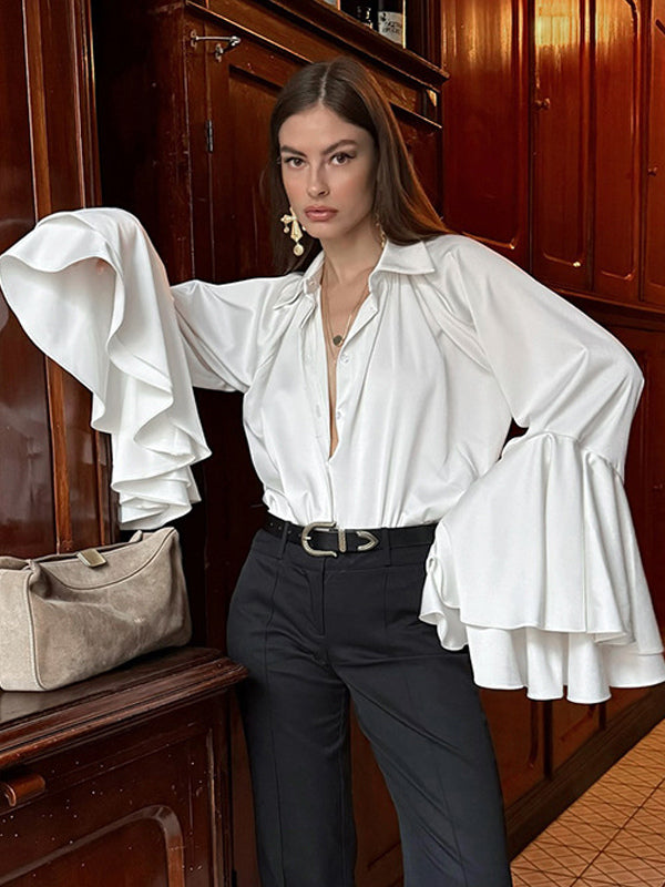 Satin Bell Sleeve Blouse Women Elegant Shirt - White Silk Like Flare Cuff Button Down - Spring Desk-to-Dinner 2026