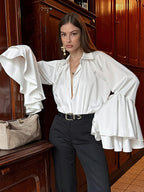 Satin Bell Sleeve Blouse Women Elegant Shirt - White Silk Like Flare Cuff Button Down - Spring Desk-to-Dinner 2026