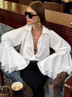 Satin Bell Sleeve Blouse Women Elegant Shirt - White Silk Like Flare Cuff Button Down - Spring Desk-to-Dinner 2026
