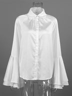 Satin Bell Sleeve Blouse Women Elegant Shirt - White Silk Like Flare Cuff Button Down - Spring Desk-to-Dinner 2026