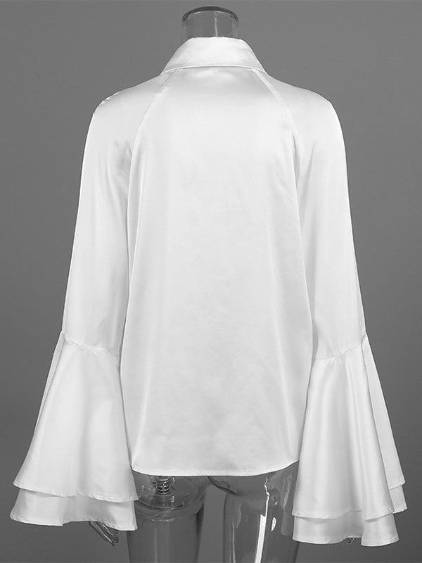 Satin Bell Sleeve Blouse Women Elegant Shirt - White Silk Like Flare Cuff Button Down - Spring Desk-to-Dinner 2026