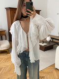 Tie Front Ruffle Blouse Women Chic Top - White French Vintage Lantern Sleeve Deep V Neck - Spring Daily Streetwear 2026